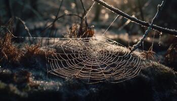 ragno ragnatela luccica con rugiada nel autunno foresta generato di ai foto