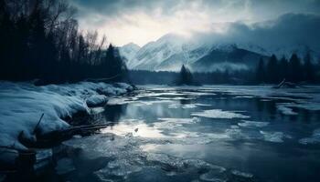 maestoso montagna picco riflessa nel tranquillo blu acqua generato di ai foto