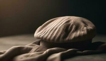 morbido di lana berretto nel buio autunno notte generato di ai foto