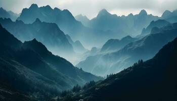 maestoso montagna picco silhouette nel tranquillo crepuscolo generato di ai foto