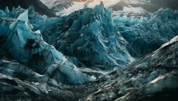 maestoso montagna picco, congelato avventura esplorazione attende generato di ai foto
