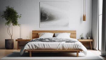 moderno lusso biancheria da letto con accogliente illuminazione e eleganza generato di ai foto