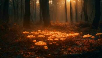 mistero nel natura buio foresta, raggiante fungo generato di ai foto