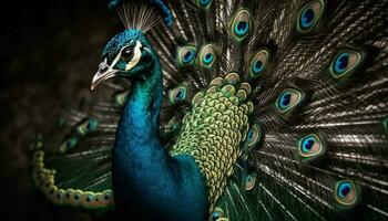 maestoso pavone balli con vivace Multi colorato piume generato di ai foto