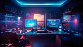 futuristico computer laboratorio con luminosa blu illuminazione generato di ai foto