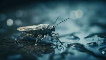 metallico scarafaggio striscia su bagnato foglia all'aperto generato di ai foto