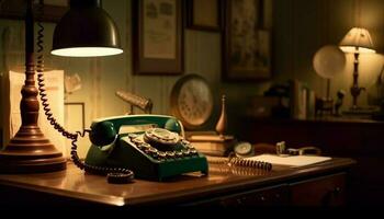 antico telefono su di legno scrivania, un' nostalgico reliquia generato di ai foto