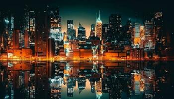 illuminato grattacieli riflettere nel il est fiume a crepuscolo generato di ai foto