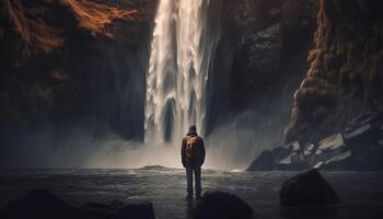 silhouette di avventuroso donna in piedi su scogliera bordo generato di ai foto