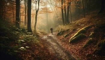 uno persona escursioni a piedi attraverso il autunno foresta generato di ai foto