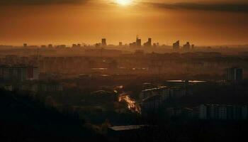 raggiante grattacieli contro paesaggio urbano, tramonto silhouette panorama generato di ai foto