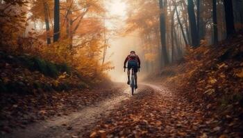 uomini e donne Ciclismo attraverso autunno foresta generato di ai foto