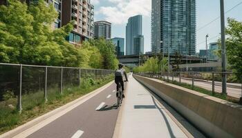 città uomo d'affari Ciclismo per salutare stile di vita all'aperto generato di ai foto