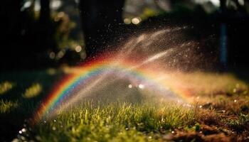 vivace prato nel estate piovere, arcobaleno brilla generato di ai foto