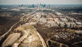 crepuscolo si illumina moderno città acciaio grattacieli sopra traffico generato di ai foto