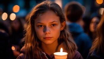 contento caucasico bambino con candela celebra all'aperto generato di ai foto