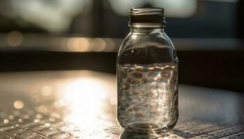 liquido freschezza nel bicchiere bottiglia su tavolo generato di ai foto