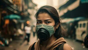 giovane adulto donna nel città indossare maschera generato di ai foto