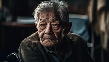 triste grigio dai capelli anziano uomo sembra in telecamera generato di ai foto