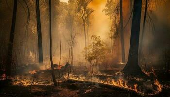 ardente foresta nel autunno, calore e mistero generato di ai foto