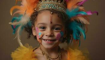 sorridente ragazza nel colorato costume Spettacoli fiducia generato di ai foto