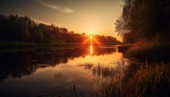 tranquillo tramonto al di sopra di blu stagno riflette vivace natura generato di ai foto