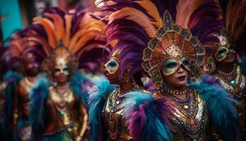 colorato carnevale parata, donne e uomini danza generato di ai foto