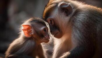 giovane macaco e madre seduta nel foresta generato di ai foto