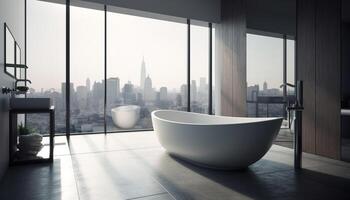 moderno lusso appartamento con panoramico paesaggio urbano Visualizza e elegante design generato di ai foto