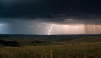 drammatico cielo con biforcuta fulmine si illumina bagnato rurale paesaggio generato di ai foto