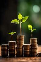 finanziario crescita fioriture piantine su impilati monete, un' vivace simbolo di investimento e risparmi generativo ai foto