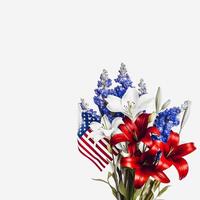 patriottico fioriture vivace americano bandiera colore fiori su un' bianca sfondo con copia spazio generativo ai foto