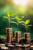 finanziario crescita fioriture piantine su impilati monete, un' vivace simbolo di investimento e risparmi generativo ai foto