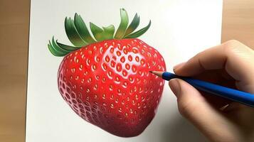 3d arte presentazione Immagine di mano disegno realistico fragola con matita. generativo ai. foto