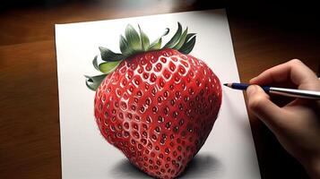 3d arte presentazione Immagine di mano disegno realistico fragola con matita. generativo ai. foto