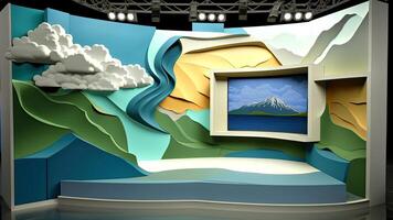 3d origami colorato nube paesaggio sfondo e parete montato tv schermo di montagna Visualizza nel interno architettonico design. generativo ai tecnologia. foto