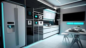 moderno futuristico cucina interno con inteligente elettrodomestici, parete maunted digitale Schermo schermo, concetto di inteligente casa e artificiale intelligenza. generativo ai tecnologia. foto