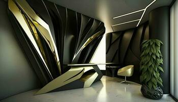 ultra moderno interno design con futuristico scrivania, sedie e pianta pentola decorazioni. d'oro e nero colore schema. generativo ai tecnologia. foto