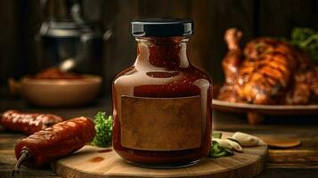 evidenziazione cibo di un' bicchiere vaso pieno rosso salsa con rosso chili e arrostito pollo su di legno sfondo. generativo ai. foto