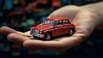 avvicinamento Immagine di miniatura rosso auto nel umano mano. generativo ai. foto