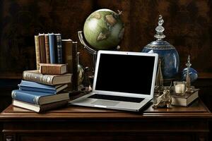 Vintage ▾ ufficio o studia tavolo con un' inteligente computer portatile, libri, globo In piedi nel Marrone camera. generativo ai. foto