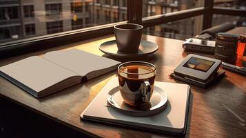 studia o spazio di lavoro di taccuino, penna, mini tenere sotto controllo e tè o caffè tazza su tavolo. generativo ai. foto