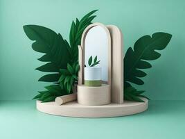 cosmetici Prodotto pubblicità In piedi esposizione di legno podio con foglie, 3d interpretazione foto