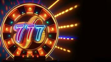 raggiante neon 777 numero su Filatura ruota o circolare telaio e diffusione luci su buio sfondo per annuncio, casinò gioco concetto. generativo ai tecnologia. foto