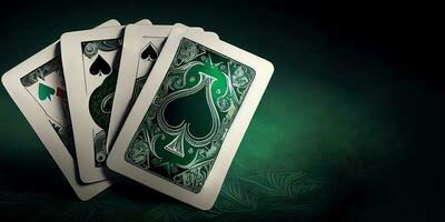 giocando o poker carte nel bianca e verde colore contro sfondo, casinò gioco e gioco d'azzardo concetto. generativo ai. foto