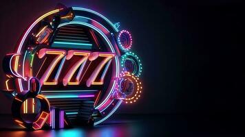 raggiante neon circolare forma tavola con 777 simbolo su buio sfondo per annuncio, casinò gioco concetto. generativo ai tecnologia. foto