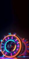 3d rendere di raggiante neon roulette ruota con razzi su buio sfondo, casinò gioco concetto. generativo ai tecnologia. foto