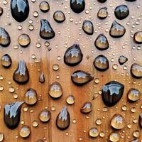 acqua gocce su un' di legno sfondo. tracce di pioggia. astratto modello a partire dal rugiada. generativo ai foto