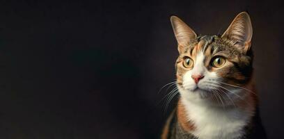 ritratto di un' gatto. tricolore gattino su un' nero sfondo con spazio per testo. generativo ai foto