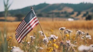 ai generato Stati Uniti d'America bandiera su campo con bellissimo fiore foto